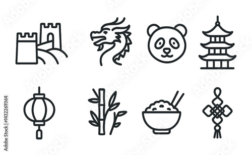 Chinese culture icon set – outline style symbols for tradition, heritage, and art: great wall, dragon, panda, pagoda, lantern, bamboo, rice bowl, knot.