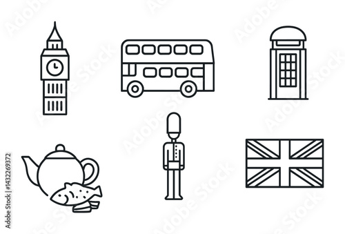 London travel outline icons set – line style explore uk, culture, and sights symbols for tourism: big ben, double-decker bus, red phone box, teapot, guard, union jack
