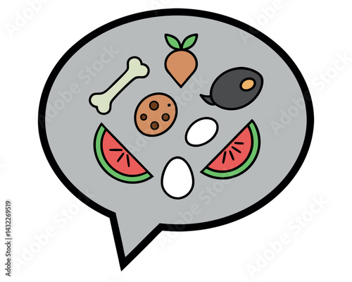 Food Waste Illustration: Watermelon, Bones, Seeds, Eggs in Grey Speech Bubble