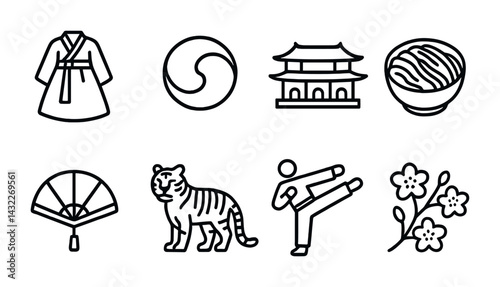 Traditional korean culture icon set – outline style heritage symbols for history and tradition: hanbok, taekwondo, temple, fan, tiger, noodles, blossom.