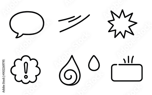Weather interaction icons set – outline style storm, forecast, and climate symbols for meteorology: speech bubbles, wind, star, exclamation cloud, water droplets, soap.