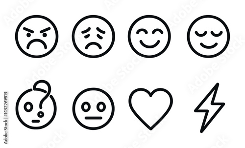 Emotion and mood linear icons set – outline style expressions and feelings symbols for communication: anger, sadness, happiness, surprise, love, neutral, sleep, energy.