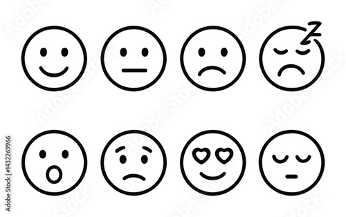 Emotion and mood line icons set – outline style expressions, feelings, and reactions symbols for communication: smiley, neutral, sad, sleepy, shocked, in love, sleepy.