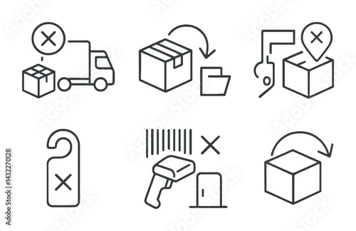 Shipping and delivery outline icons set – linear style logistics, e-commerce, and postal symbols for efficient transport: package, delivery truck, barcode scanner, warehouse, location pin, order,