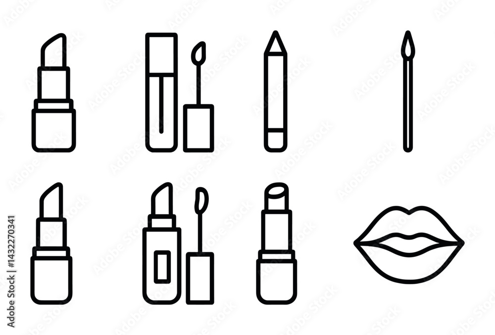 Cosmetics and beauty outline icon set – linear style makeup, skincare, and fashion symbols for beauty brands: lipstick, lip gloss, makeup brush, lips, eyeliner. Cosmetics and beauty outline icon set – linear style makeup, skincare, and fashion symbols for beauty brands: lipstick, lip gloss, makeup brush, lips, eyeliner.