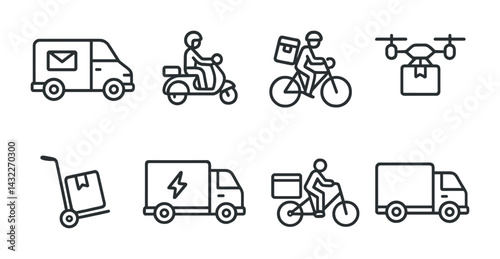 Delivery and logistics outline icons set – linear style shipping, courier, and transportation symbols for business solutions: delivery van, scooter, bicycle, drone, truck, handcart.