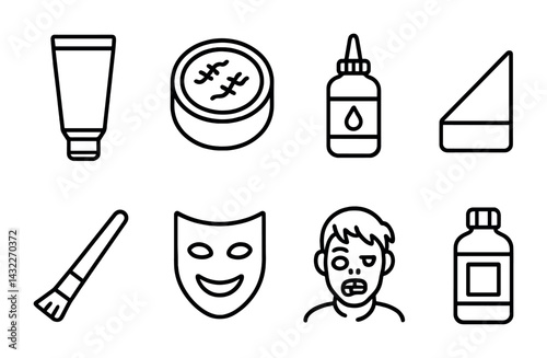 Theater and drama outline icon set – linear style performing arts, stage makeup, and acting symbols: makeup brush, face mask, emotion, ointment, glue, lotion, wedge, character.