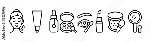 Beauty and skincare line icons set – outline style cosmetic, makeup, and wellness symbols for self-care routines: face mask, serum, eyeshadow, lipstick, brush, mirror.