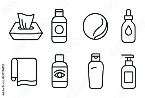 Personal care outline icon set – linear hygiene, beauty, and skincare symbols for wellness: tissue box, bottle, soap, dropper, towel, container, lotion, pump