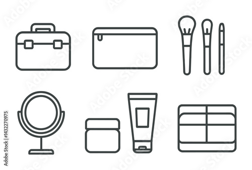 Cosmetic and beauty tools outline icon set – linear style skincare, makeup, and grooming symbols for beauty organization: makeup case, mirror, brushes, cream, pouch, palette.