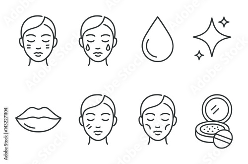 Beauty and skincare linear icons set – outline style for cosmetic care, facial treatment, and wellness: face mask, serum drop, sparkling clean, lips, compact powder.