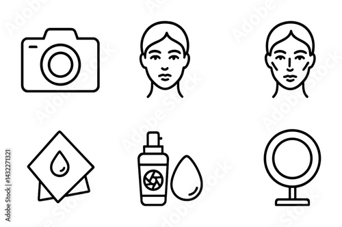 Beauty and skincare line icons set – outline style personal care, cosmetics, and wellness symbols for self-care routines: camera, face, cleanser, makeup, mirror, tissues.