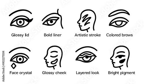 Makeup artistry line icons set – outline style beauty, cosmetics, and creative makeup symbols for design inspiration: eye, eyeliner, brow, face, cheek, stroke, pigment.