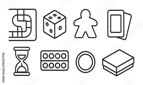 Board game linear icon set – outline strategy, fun, and leisure symbols: board, dice, meeple, cards, timer, tokens, box.