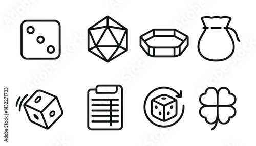 Board game icons set – outline style for tabletop, dice, and gaming essentials: dice, d20, board, bag, checklist, clover.