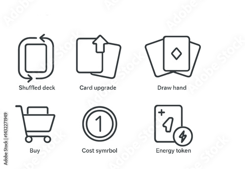 Card game strategy icon set – line style for gameplay enhancement, collection management, and deck building: shuffled deck, card upgrade, draw hand, buy, cost symbol, energy token