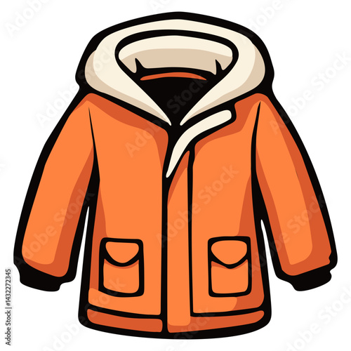 Orange parka jacket fur hood. Editable color vector