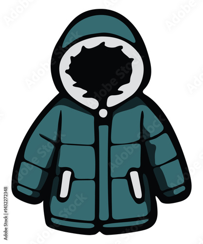 Black parka puffer jacket closed fur hoodie. Editable color vector