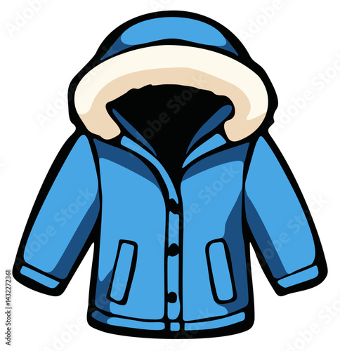 Blue parka jacket closed fur hoodie. Editable color vector