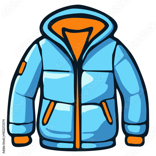Blue orange parka puffer jacket hoodie. Editable color vector
