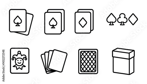 Playing cards line icons set – outline style gaming, decoration, and leisure symbols: spade, diamond, club, joker, card backs, deck box