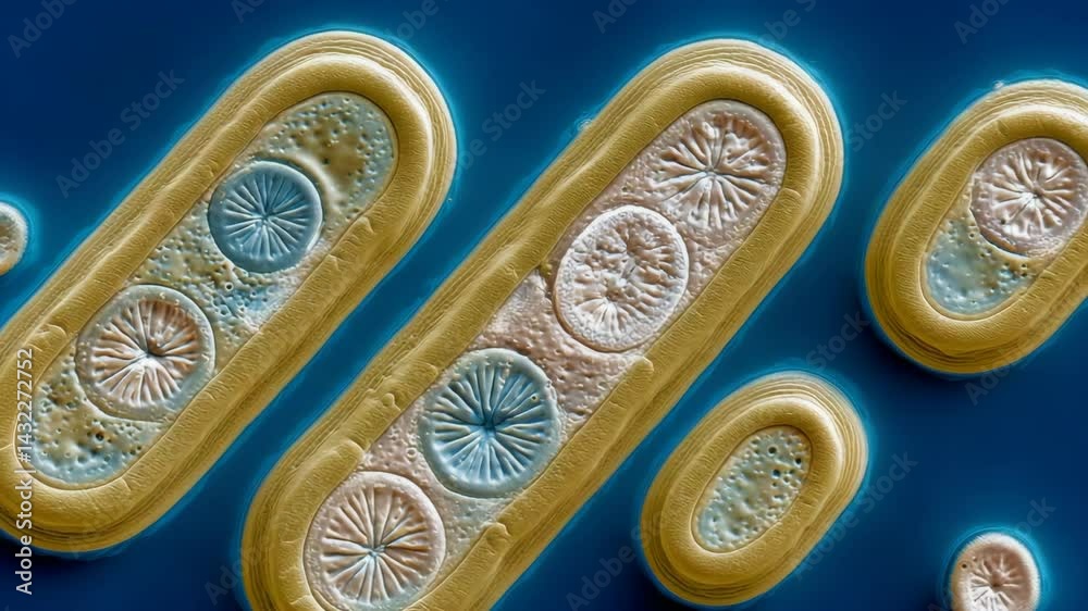 Detailed microscopic view showcasing diatoms in a blue liquid, revealing intricate silica cell walls and ornate radial structures Detailed microscopic view showcasing diatoms in a blue liquid, revealing intricate silica cell walls and ornate radial structures