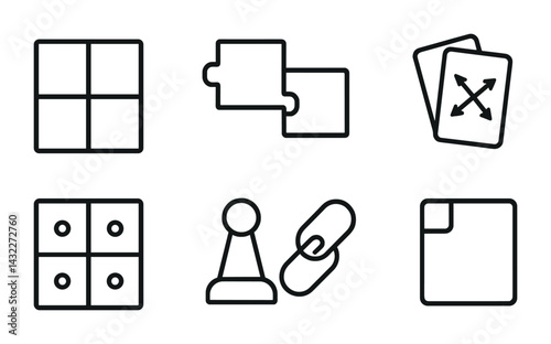 Board game icons collection – outline style for gaming, strategy, and fun: chess pawn, puzzle piece, domino, playing cards, game dice, link, grid