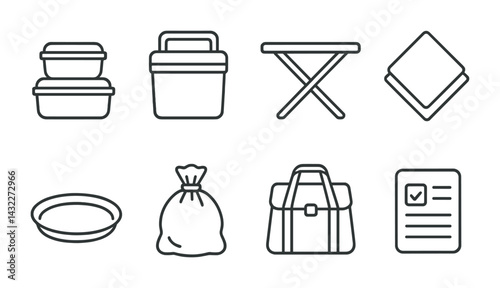 Picnic essentials icon set – outline style outdoor cooking, leisure, and dining symbols for meal preparation: basket, table, napkin, container, plate, bag, checklist.