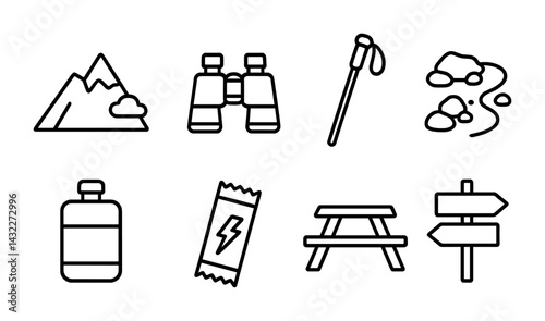 Outdoor adventure icons set – outline style for hiking, camping, exploration: mountain, binoculars, walking stick, trail, water bottle, energy bar, picnic table, signpost