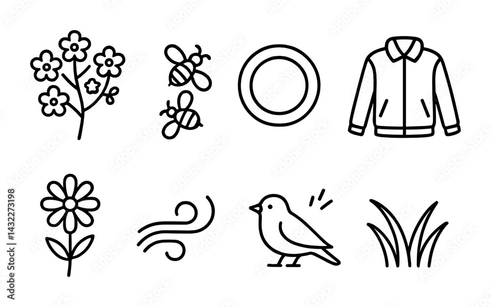 Fototapeta premium Nature and ecology icon set – outline style for environmental awareness, floral symbols, and wildlife designs: flower, honeybee, bird, wind, jacket, grass, plate