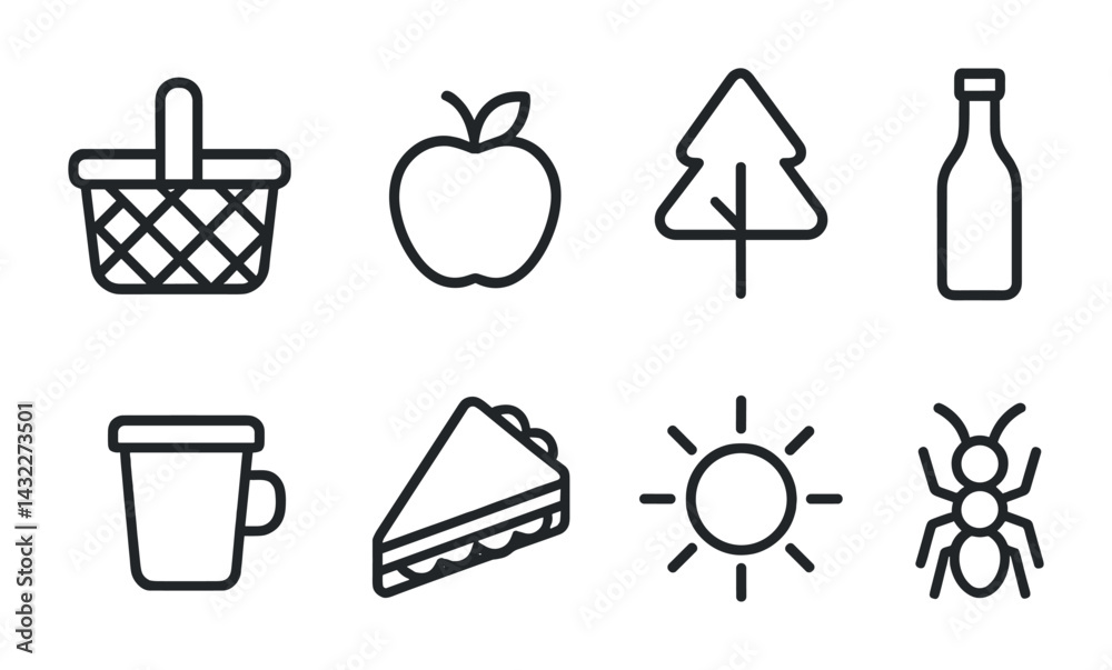 Fototapeta premium Picnic and outdoor line icons set – outline style for nature, recreation, and leisure activities: basket, apple, tree, bottle, mug, sandwich, sun, ant.