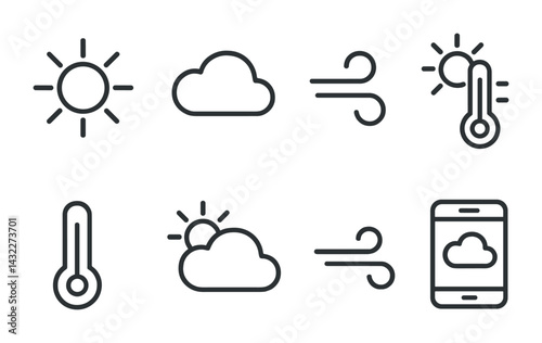 Weather forecast linear icon set – outline style for meteorology and climate patterns: sun, cloud, wind, thermometer, weather app, partly cloudy, temperature