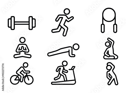 Fitness and exercise outline icon set – linear style gym, health, and workout symbols: dumbbell, running, pull-up bar, yoga, push-up, cycling, treadmill, stretching