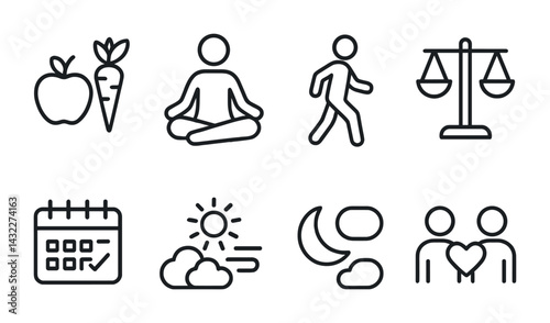 Health and wellness line icons set – outline style fitness, nutrition, and balance icons for daily wellbeing: apple, yoga, walking, scales, calendar, sunshine, night, partnership.