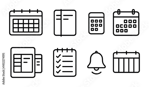 Office productivity line icons set – flat style for business, work, and organization: calendar, planner, calculator, schedule, checklist, reminder, agenda