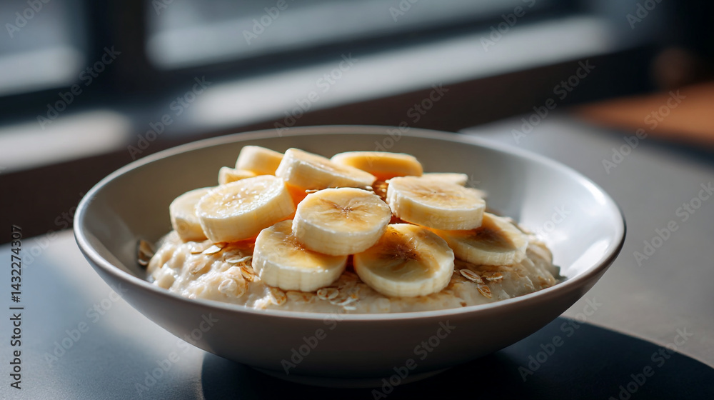 Bowl of oatmeal with banana slices healthy breakfast food photography still life morning light delicious dish Bowl of oatmeal with banana slices healthy breakfast food photography still life morning light delicious dish