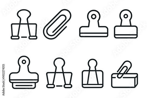 Office supplies icons set – outline style for productivity and organization: binder clip, paperclip, bulldog clip, stamp, card holder, desktop organizer, file