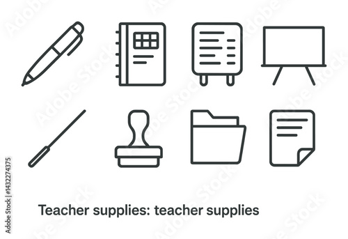 Teacher supplies line icons set – outline style education, classroom, and stationery symbols for teaching tools: pen, notebook, whiteboard, projector, folder, stamp, file, paper.