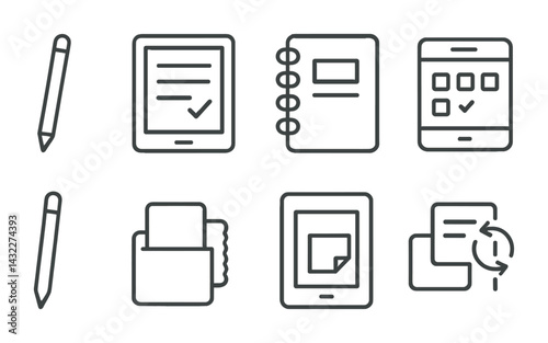 Office essentials icon set – line style workspace, productivity, and office supplies symbols for organization: pencil, tablet, notebook, file folder, document, checklist