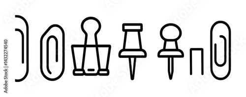 Office supplies outline icon set – linear stationery, workplace, and organization symbols for productivity: paperclip, binder clip, thumbtack, push pin, paper fastener, binder.
