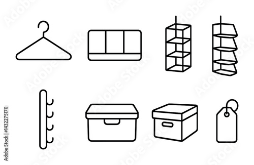 Home organization line icons set – outline style for storage, decluttering, and interior design: hanger, shelf, box, rack, basket, hook, label, tag