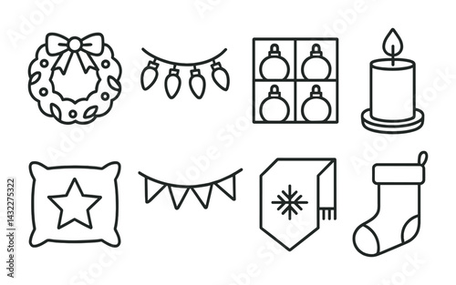 Christmas and holiday outline icons collection – line art winter decoration, festive design, and seasonal symbols: wreath, string lights, candle, stocking, bauble, scarf.