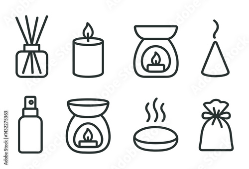 Home fragrance and aromatherapy icon set – line style scent, wellness, relaxation symbols for spa ambiance: diffuser, candle, burner, incense, spray, soap, sachet.