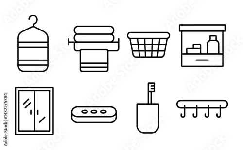 Bathroom essentials outline icons set – linear style symbols for interior design and home decor: towel rack, basket, toiletries, mirror, soap dish, toothbrush holder, hook