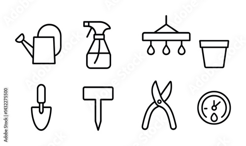 Gardening and horticulture outline icons set – linear style tools, plants, and outdoor design elements for landscaping: watering can, spray bottle, lamp, pot, trowel, pruner, gauge.
