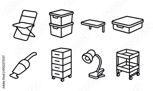 Home and office storage solutions icon set – outline style organization, interior, and utility symbols for space-saving: chair, storage boxes, table, lamp, vacuum, cart.
