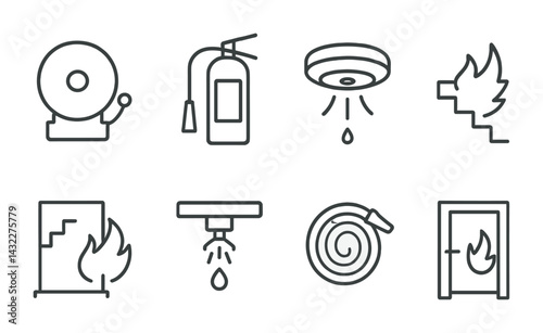 Fire safety outline icon set – linear style emergency, protection, and prevention symbols for safety planning: fire alarm, extinguisher, smoke detector, fire escape, sprinkler