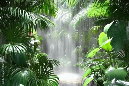 Lush tropical foliage bathed in a gentle rainforest shower.