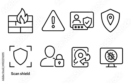 Cybersecurity and protection outline icon set – line style digital security, safety, and privacy icons: firewall, warning, user authentication, location shield, bug