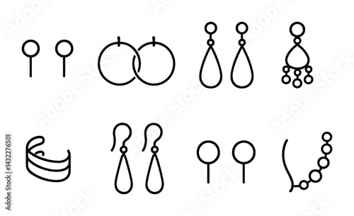 Jewelry outline icon set – elegant line style symbols for fashion and accessories collection: earrings, necklace, bracelet, hoop, stud, chandelier, pendant.